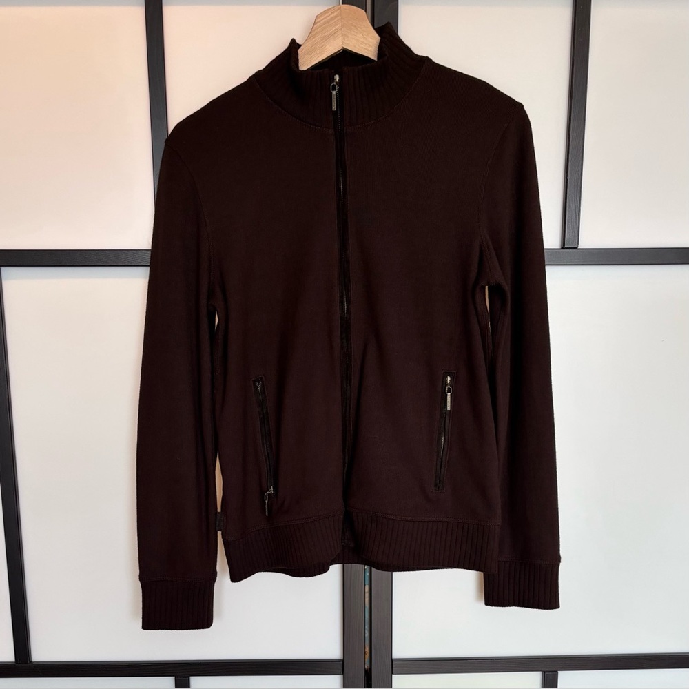 Lauren Ralph Lauren Womens Elbow Patch Full Zip Sweater Brown PETITE Preppy‎